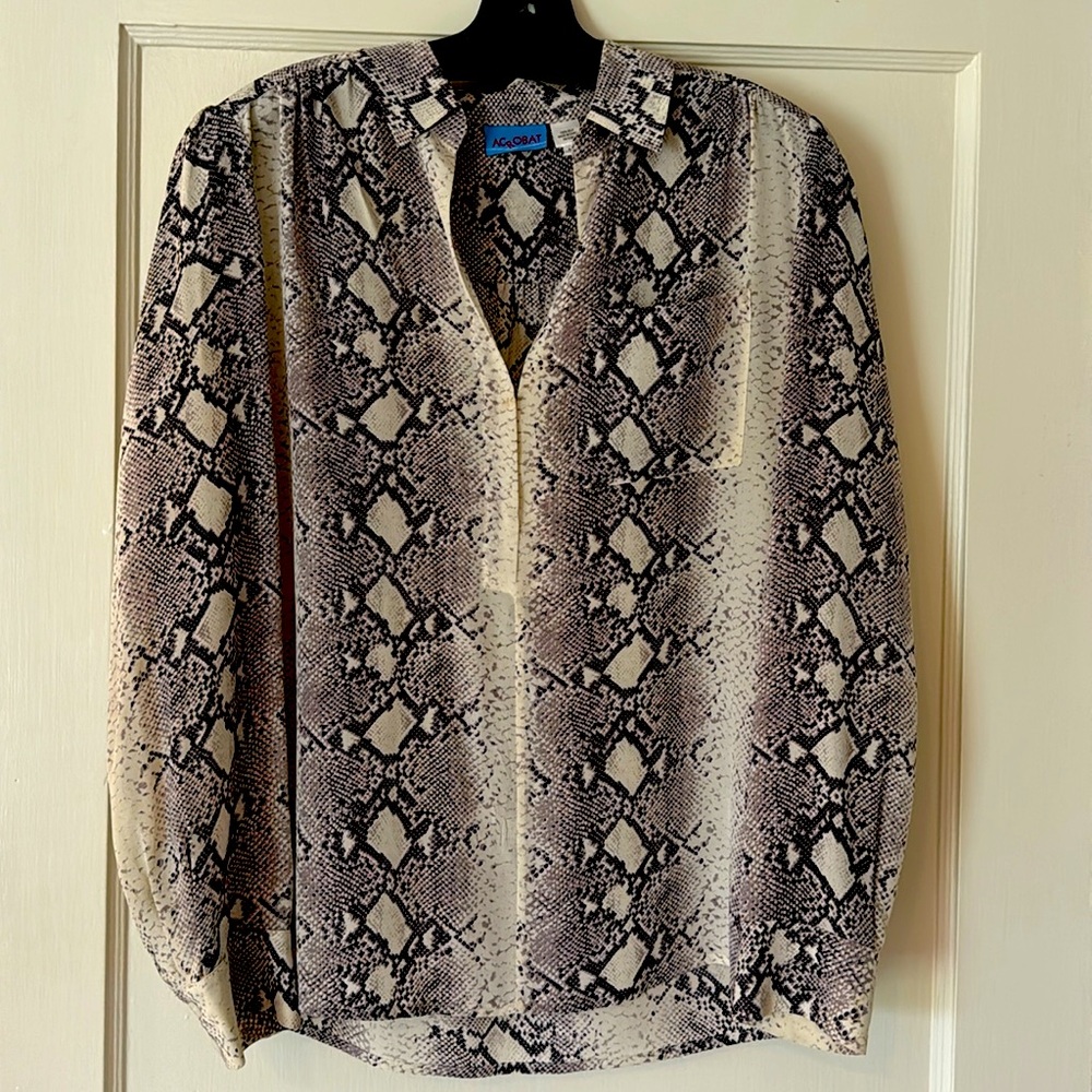 ACROBAT- women blouse, long sleeve, snake print, 100% silk, Medium